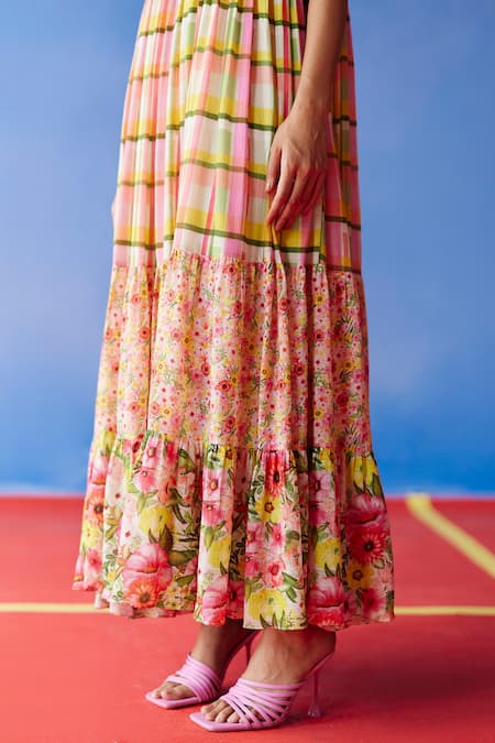 Uri By Mrunalini Rao Multi Color Cotton Square Neck Earl Madras Checkered Strappy Maxi Dress Online at Aza Fashions Uri By Mrunalini Rao_Multi Color Cotton Square Neck Earl Madras Checkered Strappy Maxi Dress _Online_at_Aza_Fashions