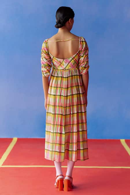 Shop Uri By Mrunalini Rao Multi Color Cotton Sweetheart Neck Barberry Tartan Checkered Midi Dress at Aza Fashions Shop_Uri By Mrunalini Rao_Multi Color Cotton Sweetheart Neck Barberry Tartan Checkered Midi Dress _at_Aza_Fashions