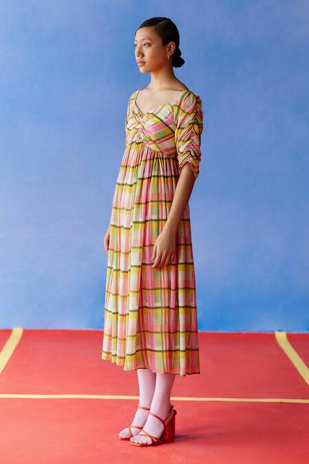 Uri By Mrunalini Rao Multi Color Cotton Sweetheart Neck Barberry Tartan Checkered Midi Dress Online at Aza Fashions Uri By Mrunalini Rao_Multi Color Cotton Sweetheart Neck Barberry Tartan Checkered Midi Dress _Online_at_Aza_Fashions