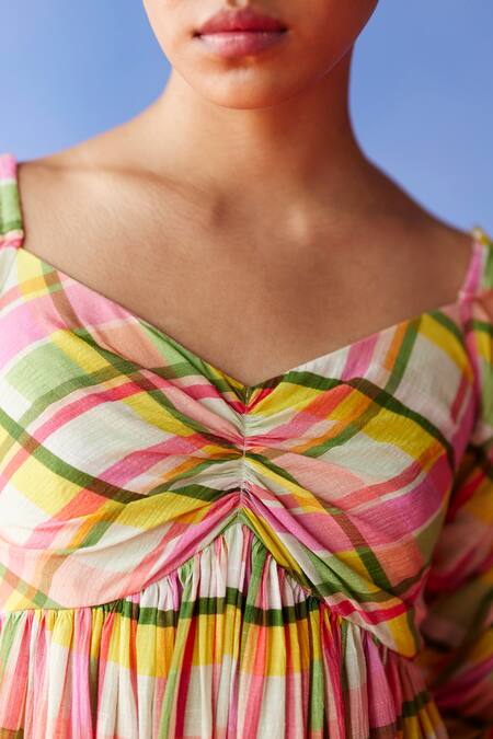 Uri By Mrunalini Rao Multi Color Cotton Sweetheart Neck Barberry Tartan Checkered Midi Dress at Aza Fashions Uri By Mrunalini Rao_Multi Color Cotton Sweetheart Neck Barberry Tartan Checkered Midi Dress _at_Aza_Fashions