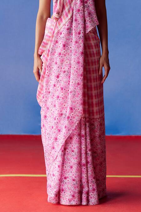 Uri By Mrunalini Rao_Pink Sencha Checkered Double Saree With Unstitched Blouse Piece  _Online_at_Aza_Fashions