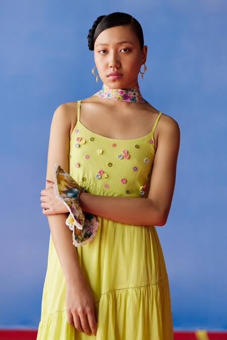 Uri By Mrunalini Rao Yellow Cotton Embroidery Scoop Azalea 3d Crochet Floral Embellished Maxi Dress Online at Aza Fashions Uri By Mrunalini Rao_Yellow Cotton Embroidery Scoop Azalea 3d Crochet Floral Embellished Maxi Dress _Online_at_Aza_Fashions