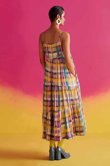 Shop Uri By Mrunalini Rao Green Cotton Tassels Scoop Neck Azalea Dupplin Checkered Tiered Maxi Dress at Aza Fashions Shop_Uri By Mrunalini Rao_Green Cotton Tassels Scoop Neck Azalea Dupplin Checkered Tiered Maxi Dress _at_Aza_Fashions