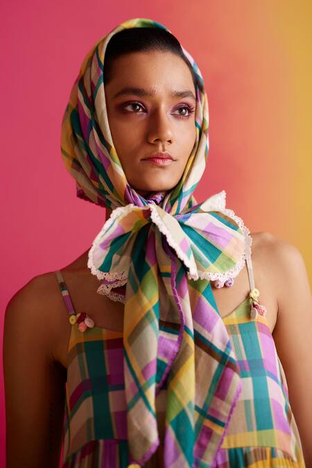 Uri By Mrunalini Rao Green Cotton Tassels Scoop Neck Azalea Dupplin Checkered Tiered Maxi Dress Online at Aza Fashions Uri By Mrunalini Rao_Green Cotton Tassels Scoop Neck Azalea Dupplin Checkered Tiered Maxi Dress _Online_at_Aza_Fashions