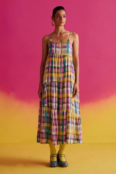 Buy Uri By Mrunalini Rao Green Cotton Tassels Scoop Neck Azalea Dupplin Checkered Tiered Maxi Dress Online at Aza Fashions Buy_Uri By Mrunalini Rao_Green Cotton Tassels Scoop Neck Azalea Dupplin Checkered Tiered Maxi Dress _Online_at_Aza_Fashions