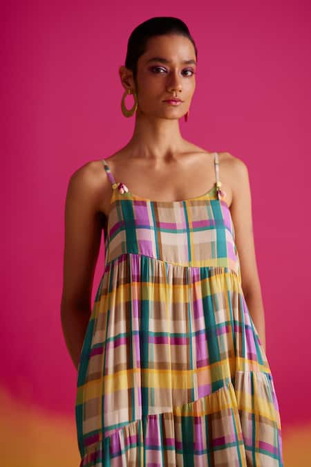 Shop Uri By Mrunalini Rao Green Cotton Tassels Scoop Neck Azalea Dupplin Checkered Tiered Maxi Dress Online at Aza Fashions Shop_Uri By Mrunalini Rao_Green Cotton Tassels Scoop Neck Azalea Dupplin Checkered Tiered Maxi Dress _Online_at_Aza_Fashions