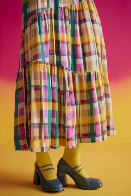 Buy Uri By Mrunalini Rao Green Cotton Tassels Scoop Neck Azalea Dupplin Checkered Tiered Maxi Dress Buy_Uri By Mrunalini Rao_Green Cotton Tassels Scoop Neck Azalea Dupplin Checkered Tiered Maxi Dress