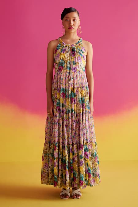 Uri By Mrunalini Rao Blue Cotton Keyhole Neck Camelia Tiered Maxi Dress Online at Aza Fashions Uri By Mrunalini Rao_Blue Cotton Keyhole Neck Camelia Tiered Maxi Dress _Online_at_Aza_Fashions