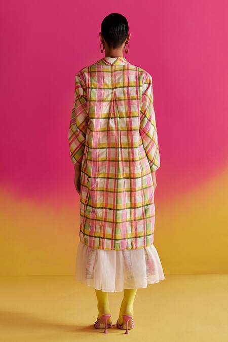 Shop Uri By Mrunalini Rao Multi Color Organza Collared Candamom Reversible Checkered Pattern Jacket at Aza Fashions Shop_Uri By Mrunalini Rao_Multi Color Organza Collared Candamom Reversible Checkered Pattern Jacket _at_Aza_Fashions