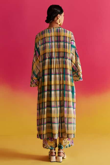 Shop Uri By Mrunalini Rao Blue Organic Fabric Notched Forsythia Checkered Pattern Kurta Pant Set at Aza Fashions Shop_Uri By Mrunalini Rao_Blue Organic Fabric Notched Forsythia Checkered Pattern Kurta Pant Set _at_Aza_Fashions