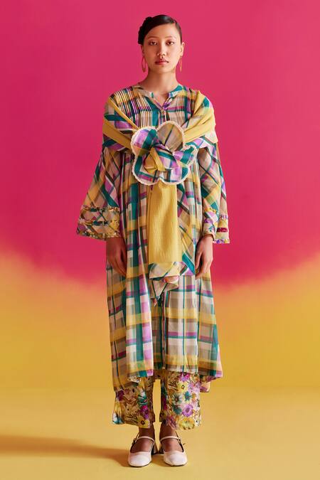 Uri By Mrunalini Rao Blue Organic Fabric Notched Forsythia Checkered Pattern Kurta Pant Set Online at Aza Fashions Uri By Mrunalini Rao_Blue Organic Fabric Notched Forsythia Checkered Pattern Kurta Pant Set _Online_at_Aza_Fashions