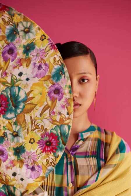 Buy Uri By Mrunalini Rao Blue Organic Fabric Notched Forsythia Checkered Pattern Kurta Pant Set Online at Aza Fashions Buy_Uri By Mrunalini Rao_Blue Organic Fabric Notched Forsythia Checkered Pattern Kurta Pant Set _Online_at_Aza_Fashions