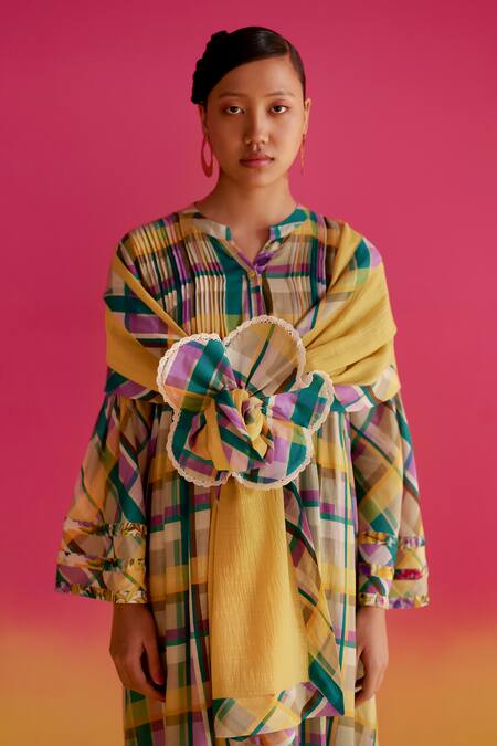 Shop Uri By Mrunalini Rao Blue Organic Fabric Notched Forsythia Checkered Pattern Kurta Pant Set Online at Aza Fashions Shop_Uri By Mrunalini Rao_Blue Organic Fabric Notched Forsythia Checkered Pattern Kurta Pant Set _Online_at_Aza_Fashions