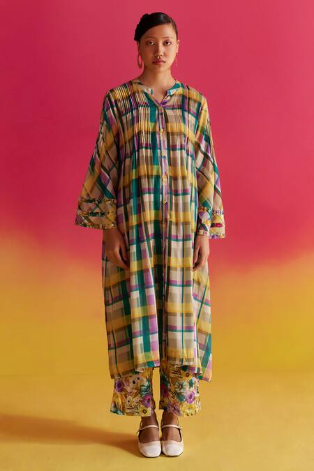 Buy Uri By Mrunalini Rao Blue Organic Fabric Notched Forsythia Checkered Pattern Kurta Pant Set Buy_Uri By Mrunalini Rao_Blue Organic Fabric Notched Forsythia Checkered Pattern Kurta Pant Set