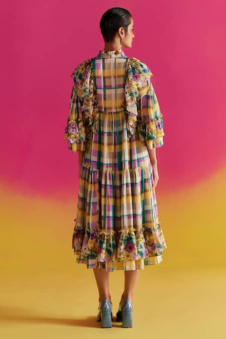 Shop Uri By Mrunalini Rao Blue Cotton Ruffles, Embroidery V-neck Thyme Tiered Midi Dress at Aza Fashions Shop_Uri By Mrunalini Rao_Blue Cotton Ruffles, Embroidery V-neck Thyme Tiered Midi Dress _at_Aza_Fashions