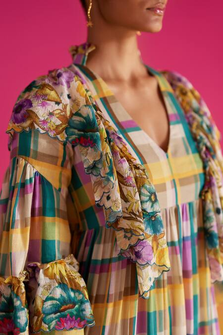 Uri By Mrunalini Rao Blue Cotton Ruffles, Embroidery V-neck Thyme Tiered Midi Dress Online at Aza Fashions Uri By Mrunalini Rao_Blue Cotton Ruffles, Embroidery V-neck Thyme Tiered Midi Dress _Online_at_Aza_Fashions