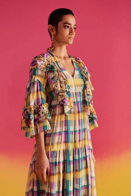 Buy Uri By Mrunalini Rao Blue Cotton Ruffles, Embroidery V-neck Thyme Tiered Midi Dress Online at Aza Fashions Buy_Uri By Mrunalini Rao_Blue Cotton Ruffles, Embroidery V-neck Thyme Tiered Midi Dress _Online_at_Aza_Fashions