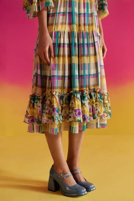 Shop Uri By Mrunalini Rao Blue Cotton Ruffles, Embroidery V-neck Thyme Tiered Midi Dress Online at Aza Fashions Shop_Uri By Mrunalini Rao_Blue Cotton Ruffles, Embroidery V-neck Thyme Tiered Midi Dress _Online_at_Aza_Fashions