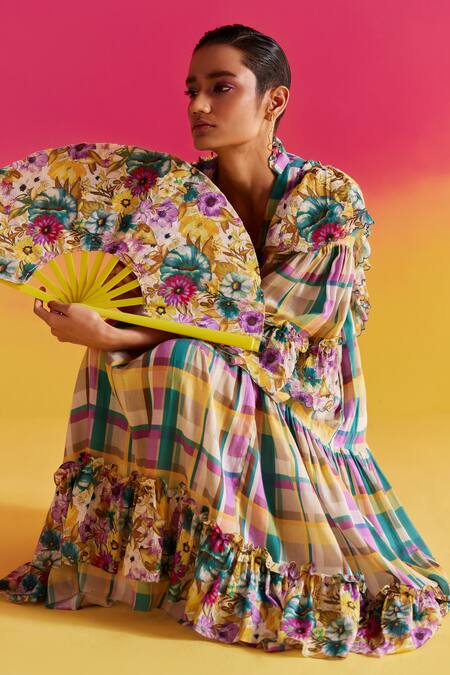 Uri By Mrunalini Rao Blue Cotton Ruffles, Embroidery V-neck Thyme Tiered Midi Dress at Aza Fashions Uri By Mrunalini Rao_Blue Cotton Ruffles, Embroidery V-neck Thyme Tiered Midi Dress _at_Aza_Fashions