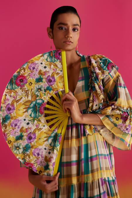 Buy Uri By Mrunalini Rao Blue Cotton Ruffles, Embroidery V-neck Thyme Tiered Midi Dress Buy_Uri By Mrunalini Rao_Blue Cotton Ruffles, Embroidery V-neck Thyme Tiered Midi Dress