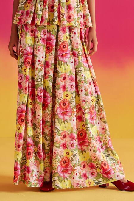 Uri By Mrunalini Rao_Multi Color Cotton V-neck Daphne Floral Pattern Peplum Top And Pant Set _Online_at_Aza_Fashions