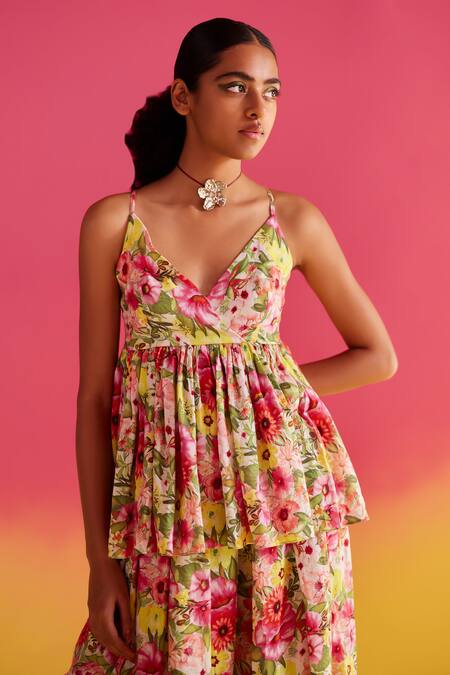 Buy_Uri By Mrunalini Rao_Multi Color Cotton V-neck Daphne Floral Pattern Peplum Top And Pant Set _Online_at_Aza_Fashions
