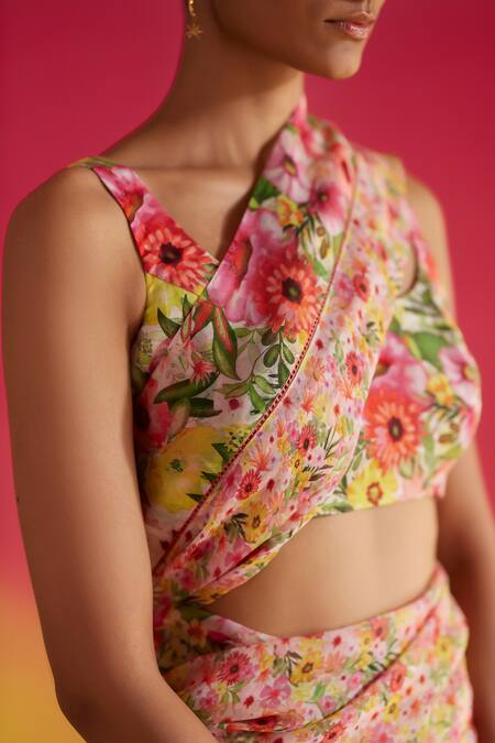 Uri By Mrunalini Rao_Multi Color Georgette, Brocade Gardenia Printed Saree With Unstitched Blouse _Online_at_Aza_Fashions