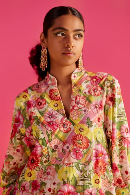 Shop Uri By Mrunalini Rao Multi Color Organic Fabric Orchid Yoke Embroidered Kurta Pant Set Online at Aza Fashions Shop_Uri By Mrunalini Rao_Multi Color Organic Fabric Orchid Yoke Embroidered Kurta Pant Set _Online_at_Aza_Fashions