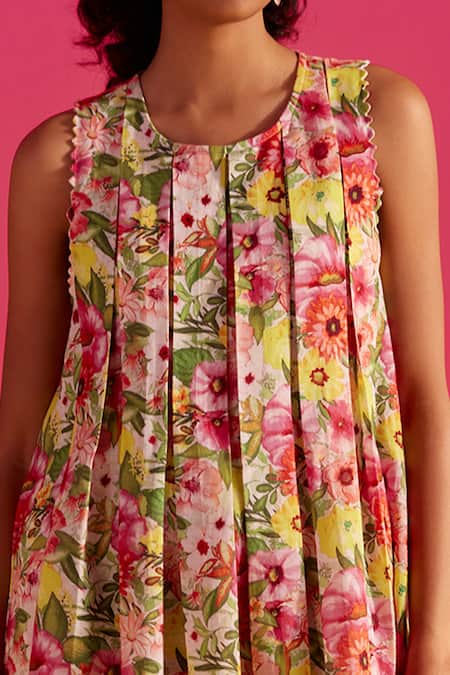 Uri By Mrunalini Rao_Multi Color Cotton Cut Work Round Neck Calendula Box Pleat A Line Dress _Online_at_Aza_Fashions