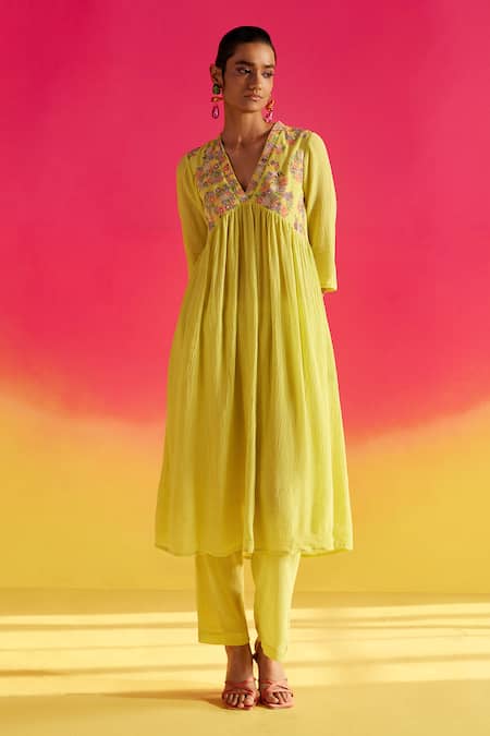 Uri By Mrunalini Rao_Yellow Cotton, Organza Embroidery V-neck Yoke Kurta Pant Set _Online_at_Aza_Fashions