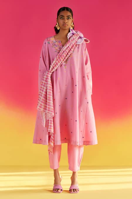 Uri by Mrunalini Rao Pink Organic Fabric Embroidered Floral Notched A Line Kurta Pant Set  