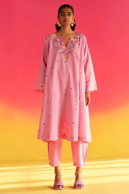 Uri By Mrunalini Rao_Pink Cotton Embroidery Split V-neck A Line Kurta Pant Set _at_Aza_Fashions