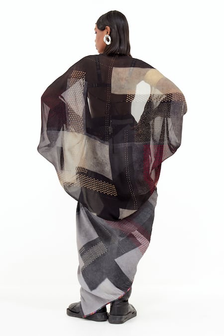 Shop_Aseem Kapoor_Black Cotton, Silk, Crepe Beads, Embroidery Gami Envelope Jacket Skirt Set _at_Aza_Fashions