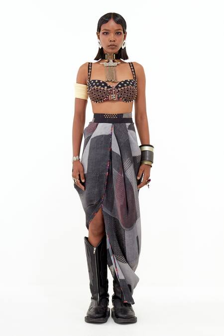 Aseem Kapoor_Black Cotton, Silk, Crepe Beads, Embroidery Gami Envelope Jacket Skirt Set _Online_at_Aza_Fashions