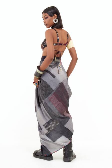 Shop_Aseem Kapoor_Black Cotton, Silk, Crepe Beads, Embroidery Gami Envelope Jacket Skirt Set _Online_at_Aza_Fashions