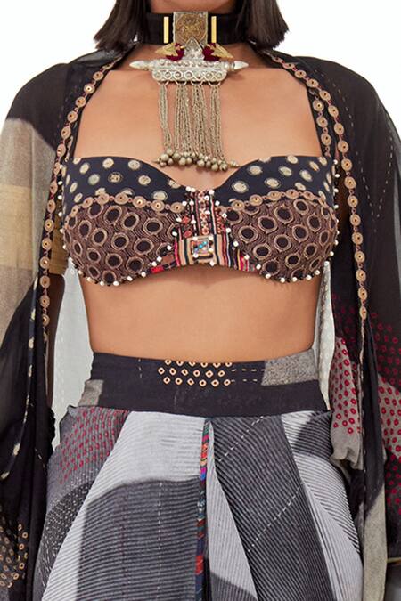 Aseem Kapoor_Black Cotton, Silk, Crepe Beads, Embroidery Gami Envelope Jacket Skirt Set _at_Aza_Fashions