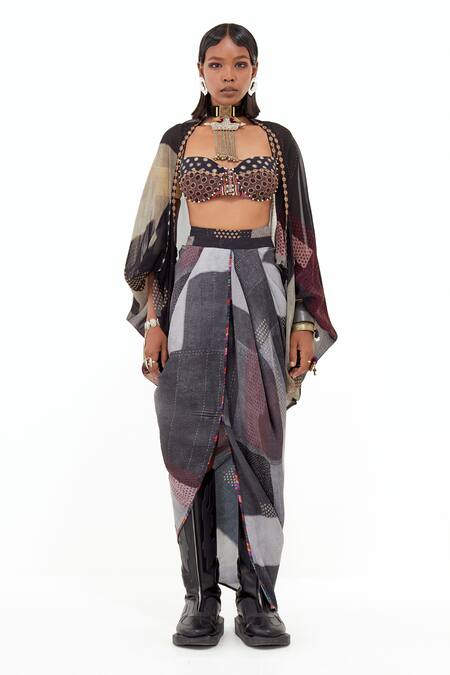 Buy_Aseem Kapoor_Black Cotton, Silk, Crepe Beads, Embroidery Gami Envelope Jacket Skirt Set 