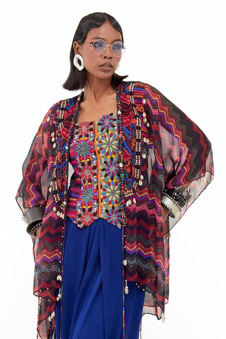 Shop Aseem Kapoor Multi Color , Silk, Satin Veni Chevron Print Jacket Trouser Set Online at Aza Fashions Shop_Aseem Kapoor_Multi Color , Silk, Satin Veni Chevron Print Jacket Trouser Set _Online_at_Aza_Fashions