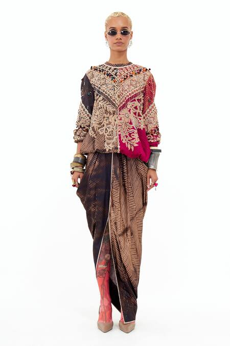Aseem Kapoor_Multi Color Muslin Sequins, Mirrors, Embroidery, Zahra Sweatshirt And Skirt Set _Online_at_Aza_Fashions