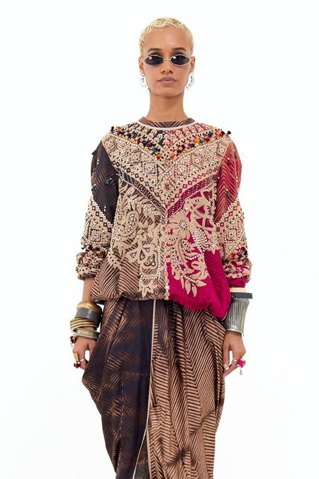 Buy_Aseem Kapoor_Multi Color Muslin Sequins, Mirrors, Embroidery, Zahra Sweatshirt And Skirt Set _Online_at_Aza_Fashions
