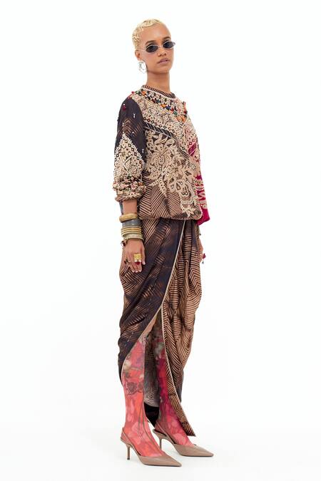 Shop_Aseem Kapoor_Multi Color Muslin Sequins, Mirrors, Embroidery, Zahra Sweatshirt And Skirt Set _Online_at_Aza_Fashions
