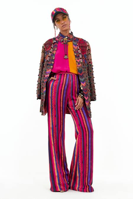 Aseem Kapoor_Multi Color Muslin Tassels, Beads, Embroidery Collared Printed And Dhan Jacket _Online_at_Aza_Fashions