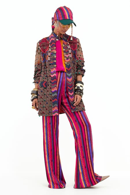 Buy_Aseem Kapoor_Multi Color Muslin Tassels, Beads, Embroidery Collared Printed And Dhan Jacket _Online_at_Aza_Fashions