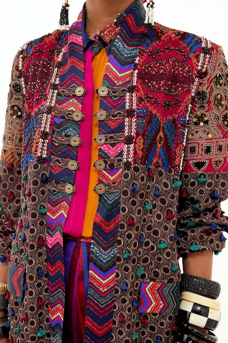 Shop_Aseem Kapoor_Multi Color Muslin Tassels, Beads, Embroidery Collared Printed And Dhan Jacket _Online_at_Aza_Fashions