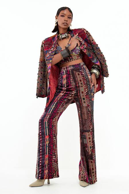 Aseem Kapoor_Multi Color Cotton Satin, Velvet, Cotton, Embroidered Dhan Jacket Trouser Set _at_Aza_Fashions