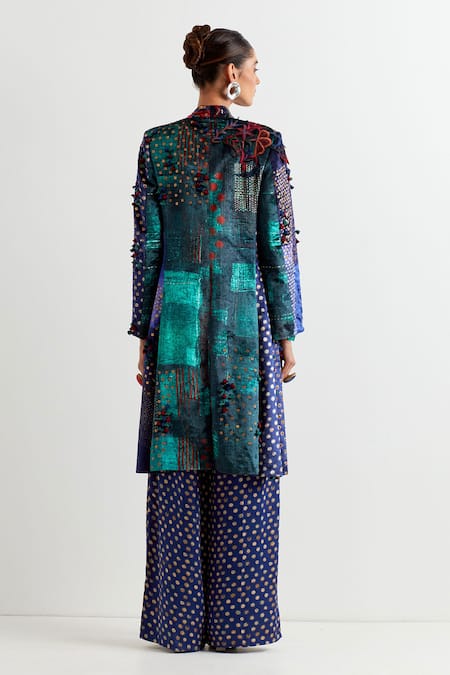 Shop_Aseem Kapoor_Blue Velvet Beads, Fringe Collared Dariya Floral Applique Embroidered Jacket _at_Aza_Fashions