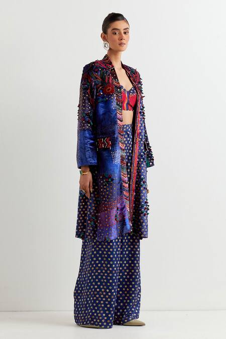 Aseem Kapoor_Blue Velvet Beads, Fringe Collared Dariya Floral Applique Embroidered Jacket _Online_at_Aza_Fashions