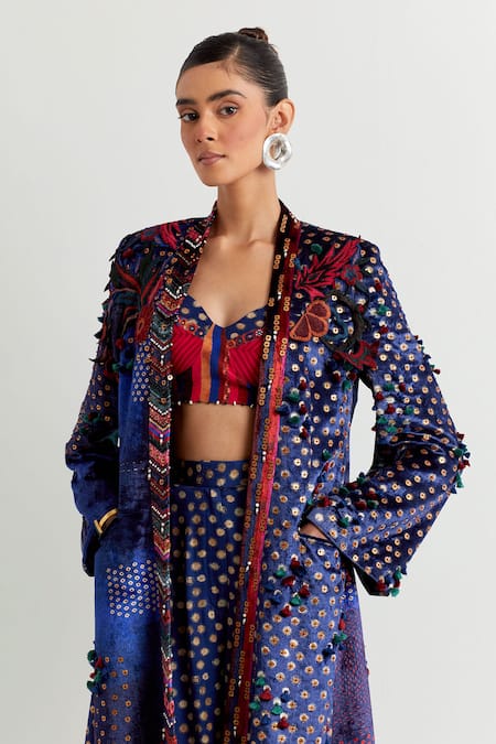 Buy_Aseem Kapoor_Blue Velvet Beads, Fringe Collared Dariya Floral Applique Embroidered Jacket _Online_at_Aza_Fashions