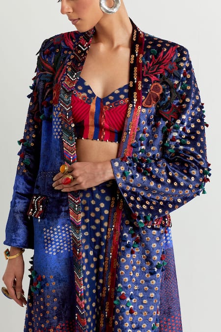 Shop_Aseem Kapoor_Blue Velvet Beads, Fringe Collared Dariya Floral Applique Embroidered Jacket _Online_at_Aza_Fashions