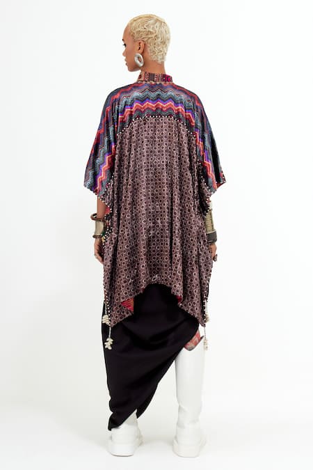 Shop Aseem Kapoor Multi Color Velvet Tassels Collared Yama Printed And Embroidered Jacket at Aza Fashions Shop_Aseem Kapoor_Multi Color Velvet Tassels Collared Yama Printed And Embroidered Jacket _at_Aza_Fashions